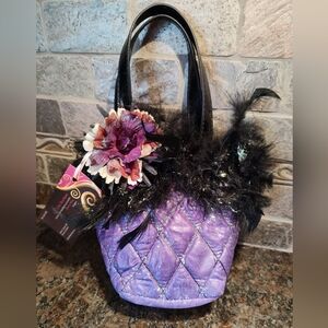NWT Handcrafted Purple Quilted Purse Black Feathers And Flower